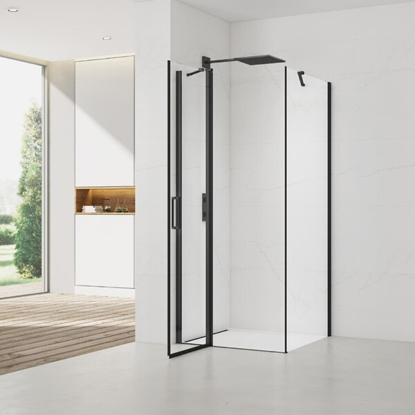 SWISS AQUA TECHNOLOGIES - Swiss Aqua Technologies Fusion ensemble porte pivotante /paroi 90x90cm anticalcaire avec profilés noir mat (SATFUDP90S90C-SET) - large