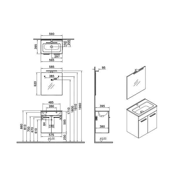 VITRA - Vitra  Mia ensemble meuble non assemblé 59x61x39,5 cm + miroir + lavabo céramique +  éclairage LED, blanc brillant (MIASETFP60B) - large
