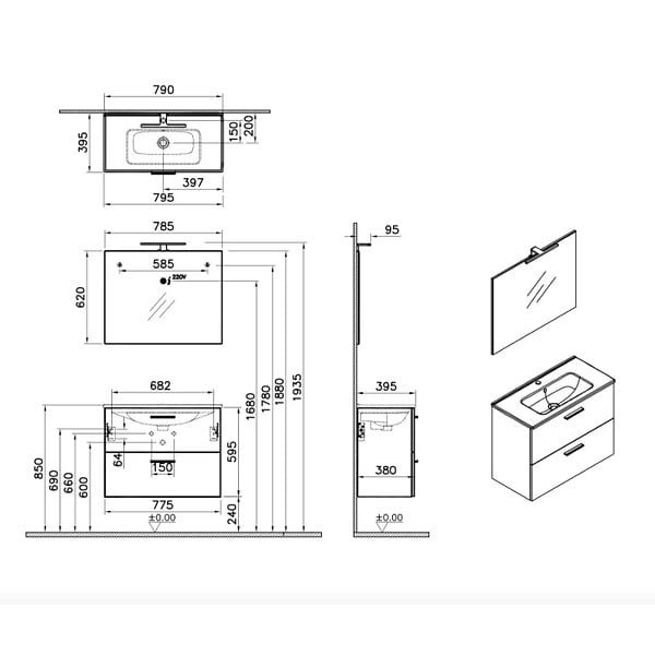 VITRA - Vitra  Mia ensemble meuble 79x61x39,5 cm avec miroir, lavabo et éclairage LED, Chêne (MIASET80D) - large