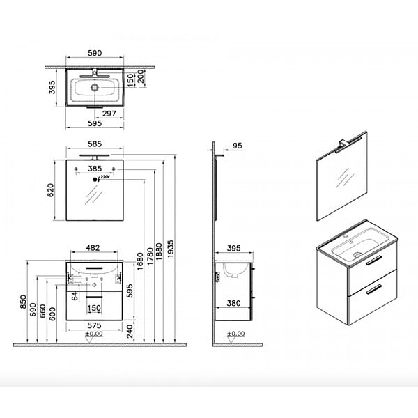 VITRA - Vitra  Mia ensemble meuble préassemblé 59x61x39,5 cm avec lavabo, miroir et éclairage LED, Anthracite brillant (MIASET60A) - large