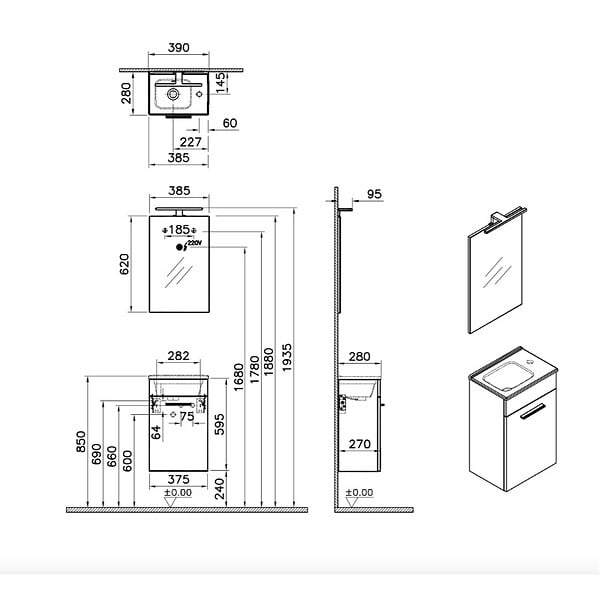 VITRA - Vitra  Mia ensemble meuble 39x61x28 cm avec miroir, lavabo et éclairage LED, Cordoba (MIASET40C) - large