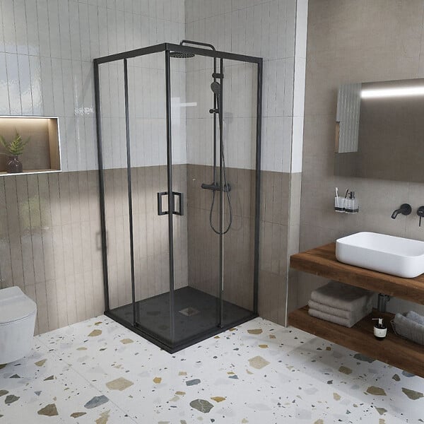 SWISS AQUA TECHNOLOGIES - Swiss Aqua Technologies B-Way Receveur de douche carré 90x90 cm avec siphon, en marbre coulé, Noir (SATALEK90Q) - large