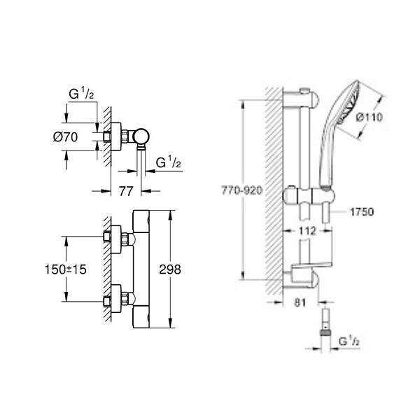 GROHE - Grohe Ensemble de douche complet 3 jets +Mitigeur thermostatique douche, Brossé (34065AL2-SET) - large