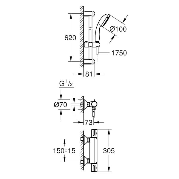 GROHE - Grohe Grohtherm 800 Mitigeur thermostatique douche 1/2" avec ensemble de douche, Chrome (34565001) - large