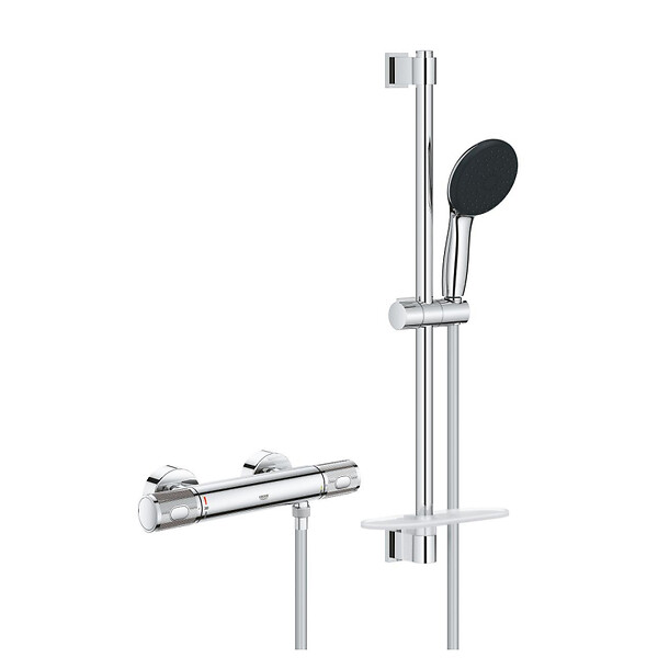 GROHE - Grohe Precision Feel Set de douche avec mitigeur thermostatique + Douchette 3 jets + Barre 60 cm, chrome (G34791001) - large
