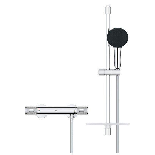 GROHE - Grohe Precision Feel Set de douche avec mitigeur thermostatique + Douchette 3 jets + Barre 60 cm, chrome (G34791001) - large