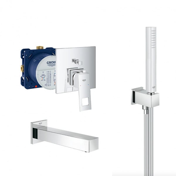 GROHE - Grohe Eurocube Set Mitigeur mécanique et corps d'encastrement + Bec bain StarLight + Douchette stick 1 jet, Chrome (24062cube-Bain) - large