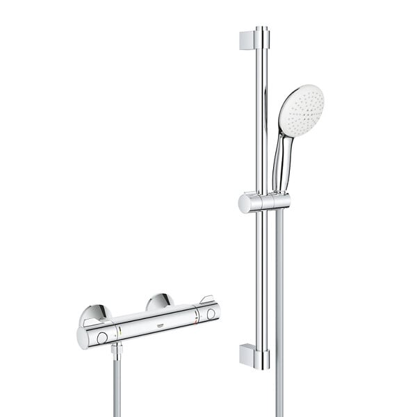 GROHE - Grohe Grohtherm 800 Set Mitigeur thermostatique douche 1/2" + Douchette 2 jets + Barre de douche 60cm + Flexible (G34565002) - large