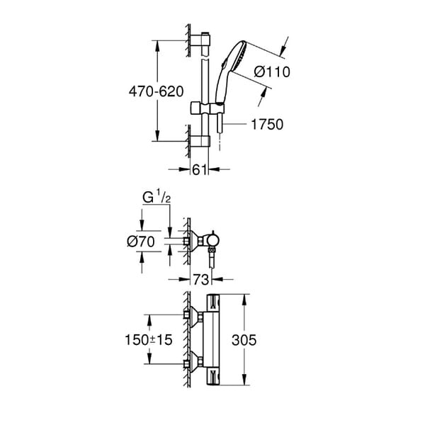 GROHE - Grohe Grohtherm 800 Set Mitigeur thermostatique douche 1/2" + Douchette 2 jets + Barre de douche 60cm + Flexible (G34565002) - large