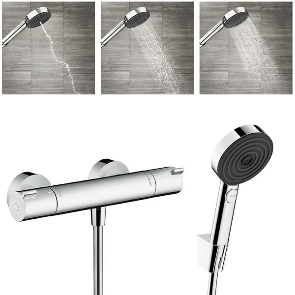 HANSGROHE - Hansgrohe Ecostat Mitigeur thermostatique douche + Douchette à main XXL 105mm 3 jets, Flexible de douche 125cm, support mural - large