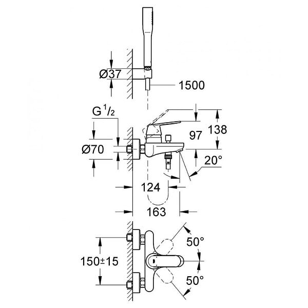 GROHE - Grohe Eurosmart Cosmopolitan  Mitigeur monocommande 1/2" bain/douche avec Douchette à main 1 jet, Chrome (32832000) - large