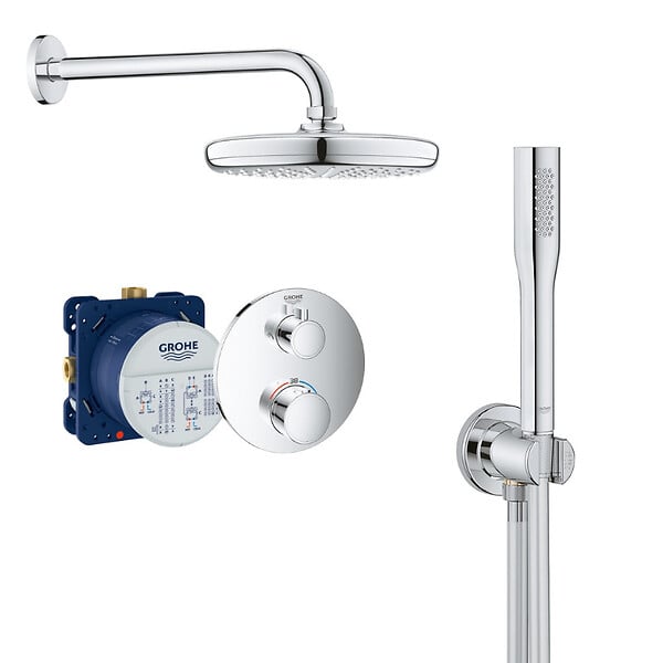 GROHE - Grohe Grohtherm Set de douche encastré avec mitigeur thermostatique, douche de tête 210mm + Douchette avec support mural, Chrome - large