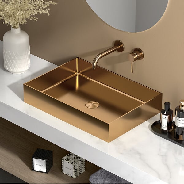 SWISS AQUA TECHNOLOGIES - Swiss Aqua Technologies Aurum Vasque à poser en Acier inoxydable 304, 55x38x11cm sans trop-plein + Bonde, Cuivre brossé PVD (SATAUR5538BRG) - large