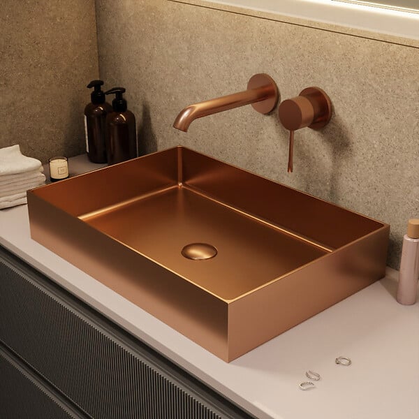 CERAMIA - Ceramia Timeless Vasque à poser en Acier inoxydable 304, 55x38x11cm sans trop-plein + Bonde, Cuivre brossé PVD - large