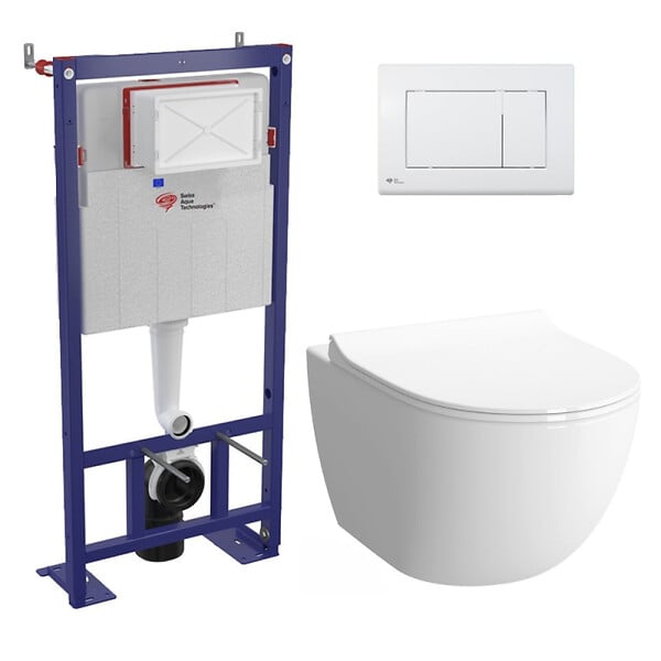 SWISS AQUA TECHNOLOGIES - Swiss Aqua Technologies Pack WC bâti-autoportant + WC SAT infinitio sans bride fixations invisibles + Abattant softclose + Plaque blanche - large
