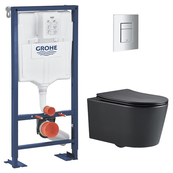 GROHE - Grohe Pack WC Bâti Solido + WC sans bride SAT Noir mat + Plaque chrome (AUTOPORTANT-BLACKSAT-1) - large