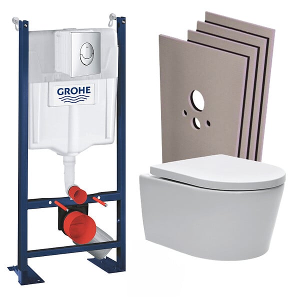 GROHE - Pack WC bâti autoportant + WC sans bride SAT + Abattant softclose + Plaque chrome mat + Set habillage - large