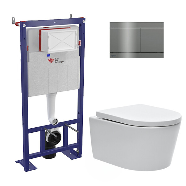 SWISS AQUA TECHNOLOGIES - Swiss Aqua Technologies Pack WC bâti-autoportant + WC SAT sans bride + Abattant softclose + plaque en acier inoxydable, revêtement PVD, Gun Metal - large