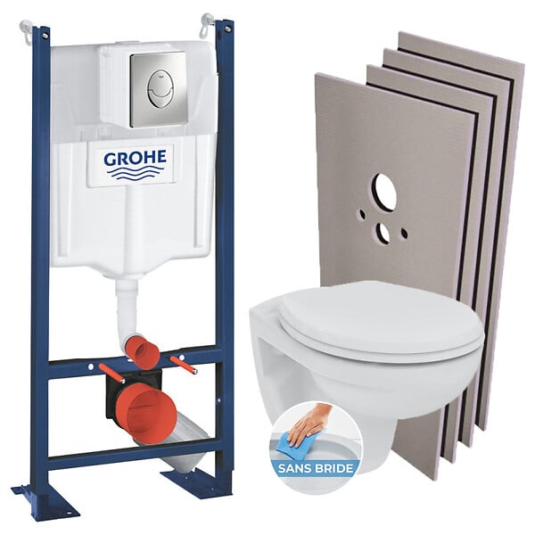 GROHE - Grohe Pack WC Bâti autoportant + Cuvette Porcher rimless + Abattant + Plaque chrome + Set Habillage (ProjectPorcher-2-sabo) - large