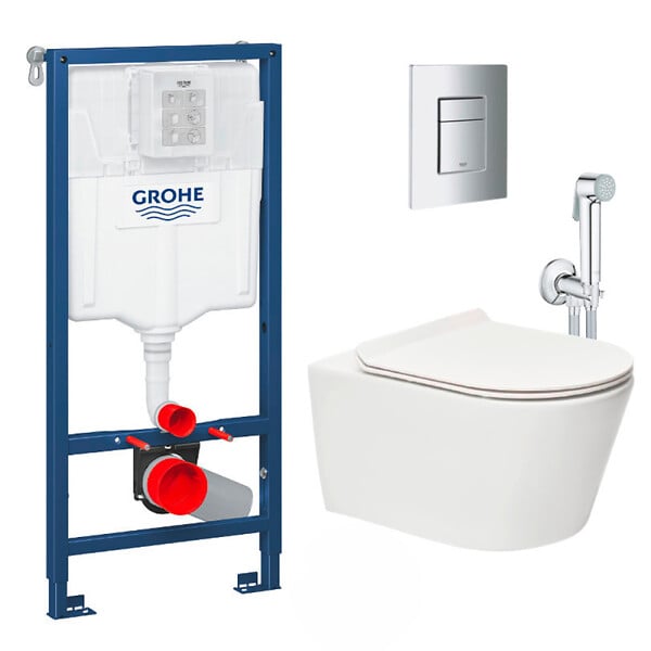 GROHE - Grohe Pack WC Bâti-support Rapid SL + WC sans bride Brevis + Abattant softclose + Douchette bidet + Plaque chrome - large