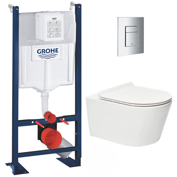 GROHE - Grohe Pack WC Bâti autoportant + WC sans bride SAT Brevis + Abattant ultra-fin softclose + Plaque chrome (ProjectBrevis-1-SP) - large