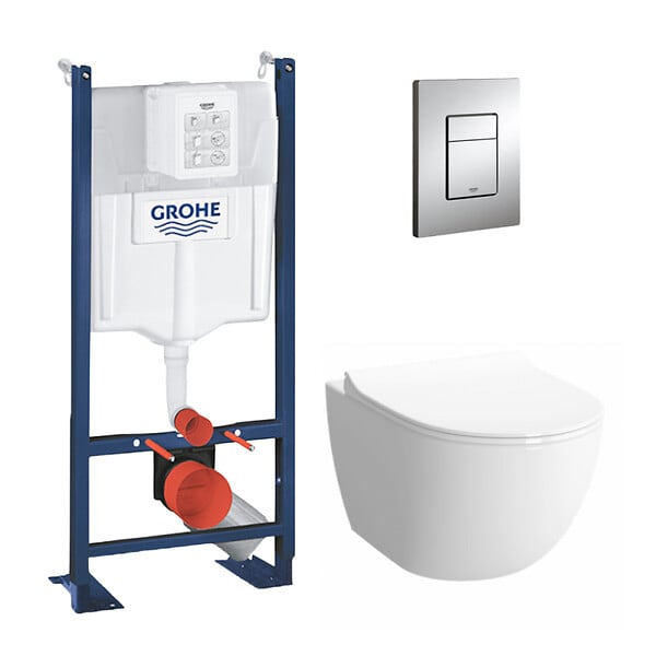 GROHE - Grohe Pack WC Cuvette Compacte Sento RIM-EX (sans bride) + Rapid SL autoportant NF + plaque chrome (ProjectSentoRimlessCOMPACT-1) - large
