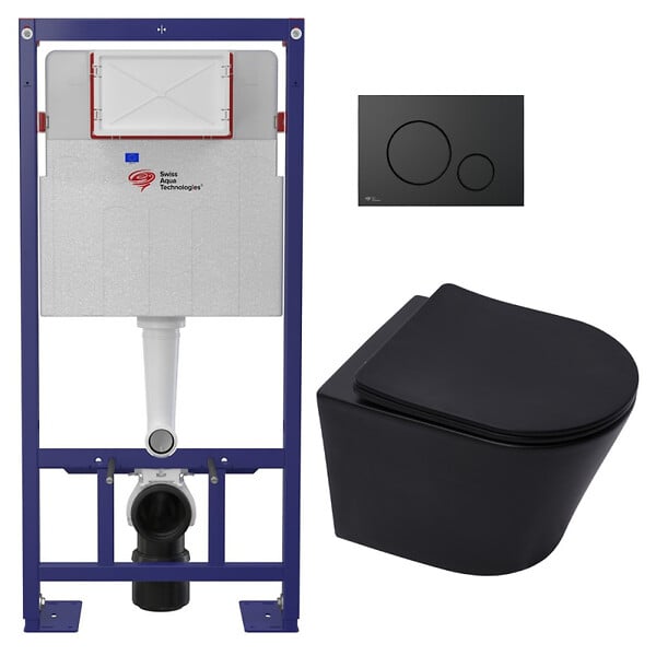 SWISS AQUA TECHNOLOGIES - Swiss Aqua Technologies Pack WC bâti-autoportant + WC sans bride SAT Infinitio + Abattant SoftClose + Plaque noir mat (SMART-BlackInfinitio-M678) - large