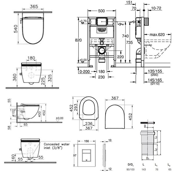 GROHE - Grohe Pack WC Bâti-support + WC sans bride SAT avec bidet thermostatique + Abattant SoftClose + Plaque Chrome (RapidSL082-SATClean-1) - large