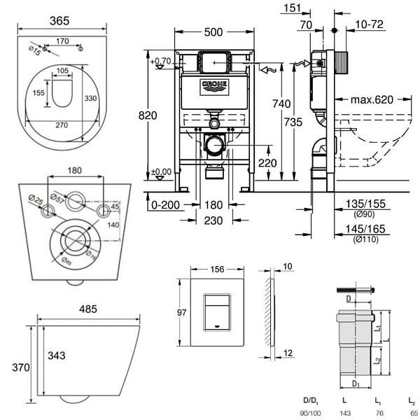 GROHE - Grohe Pack WC Bâti-support Rapid SL + WC Swiss Aqua Technologies Infinitio sans bride + Plaque Chrome (RapidSL082-Infinitio-1) - large