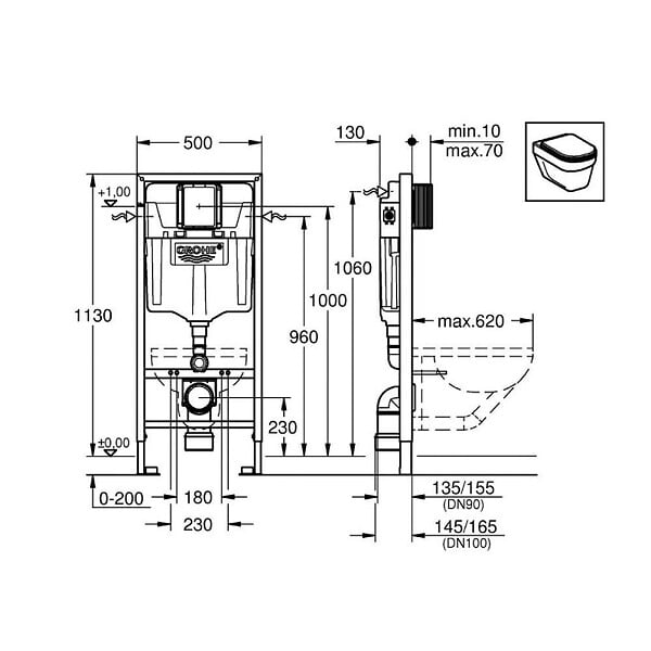GROHE - Grohe Pack WC Rapid SL + WC Bau Ceramic sans bride + Siège abattant SoftClose + Plaque de commande noir mat  (RapidSL-Bau-KF0) - large