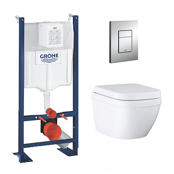 GROHE - Grohe Pack WC Euro Ceramic sans bride Triple Vortex blanc alpin + Rapid SL autoportant NF + plaque chrome (ProjectEuroCeramic-1) - large