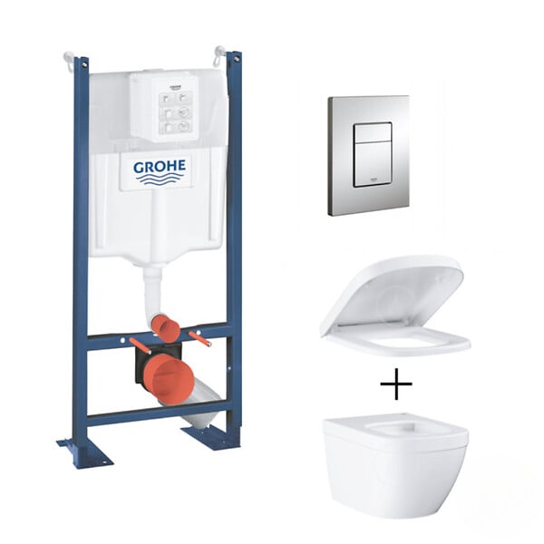 GROHE - Grohe Pack WC Euro Ceramic sans bride Triple Vortex blanc alpin + Rapid SL autoportant NF + plaque chrome (ProjectEuroCeramic-1) - large