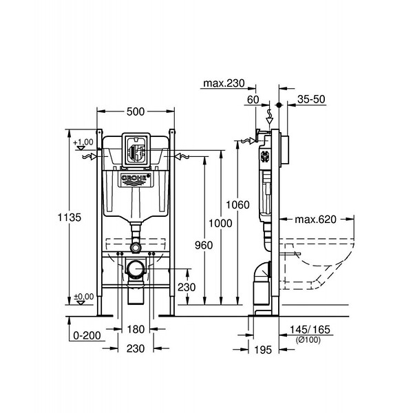 GROHE - Grohe Pack WC Bâti Autoportant Rapid SL + WC Vitra Normus + Abattant softclose + Plaque chrome - large