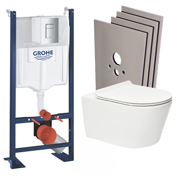 GROHE - Grohe Pack WC Bâti autoportant + WC sans bride SAT, fixations invisibles + abattant slim, softclose + Plaque + Set habillage - large