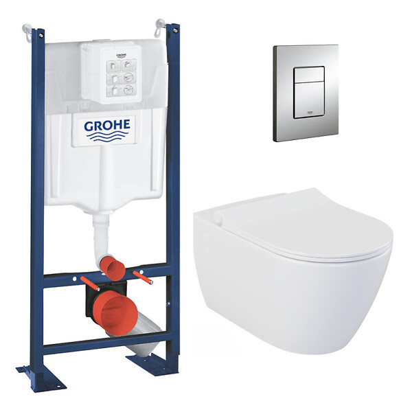 GROHE - Grohe Pack WC Bâti-autoportant Rapid SL + WC sans bride Bello + Abattant softclose + Plaque chrome (ProjectBello-1) - large