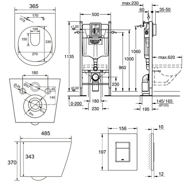 GROHE - Grohe Pack WC Rapid SL + Cuvette sans bride SAT, fixations invisibles + Plaque Noir mat (RapidSL082-SATrimless-KF0) - large