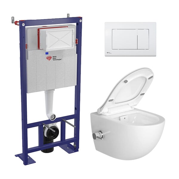 SWISS AQUA TECHNOLOGIES - Swiss Aqua Technologies Pack WC bâti-autoportant + WC sans bride SAT Infinitio avec fonction bidet thermostatique + Abattant softclose + Plaque blanche - large
