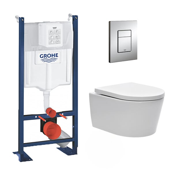 GROHE - Pack WC autoportant avec cuvette Swiss Aqua Technologies sans bride + Plaque chrome (ProjectSATrimless-1-SP) - large