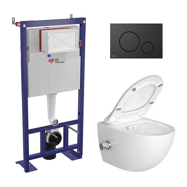 SWISS AQUA TECHNOLOGIES - Swiss Aqua Technologies Pack WC bâti-autoportant + WC sans bride SAT Infinitio avec fonction bidet thermostatique + Abattant softclose + Plaque noir mat - large