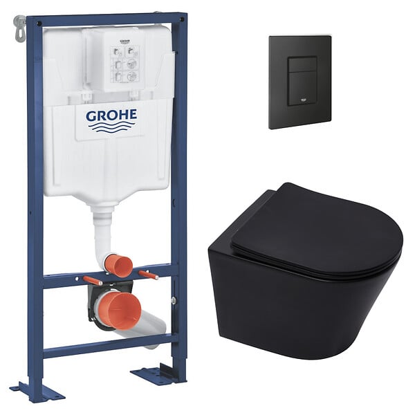 GROHE - Grohe Pack WC Bâti Solido + WC sans bride SAT Noir mat + Abattant frein de chute + Plaque noir mat (AUTOPORTANT-BLACKINFINITIO-KF0) - large