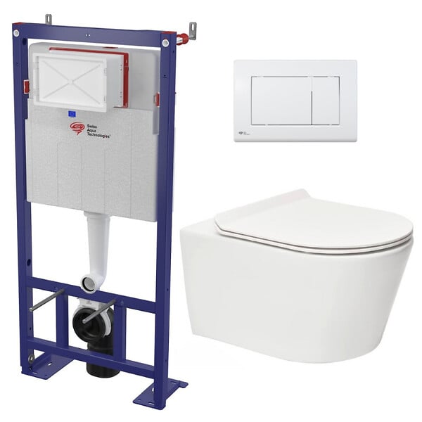 SWISS AQUA TECHNOLOGIES - Swiss Aqua Technologies Pack WC bâti-autoportant + WC SAT sans bride fixations invisibles + Abattant softclose + Plaque blanche (SMART-Brevis-M270) - large