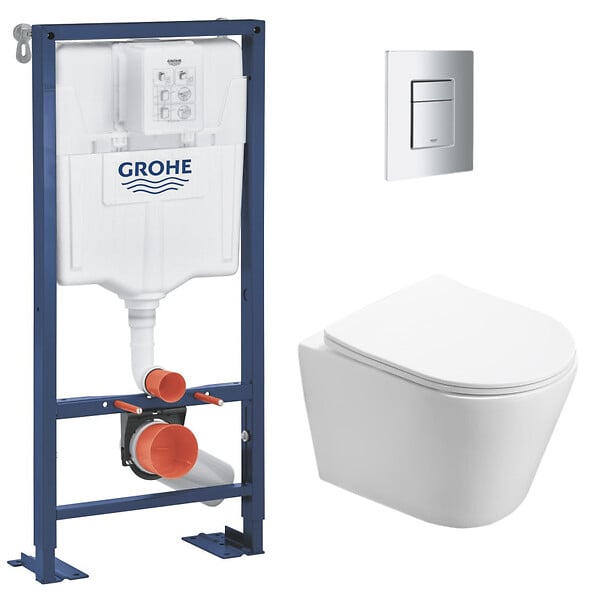 GROHE - Grohe Pack WC Bati support autoportant + WC SAT sans bride + Abattant Soft close + Plaque chrome (Autoportant-Infinitio-1) - large