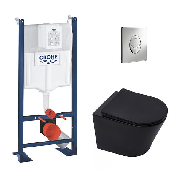 SWISS AQUA TECHNOLOGIES - Swiss Aqua Technologies Pack WC Bâti-autoportant Rapid SL + WC Infinitio sans bride noir mat + Abattant softclose + Plaque chrome - large
