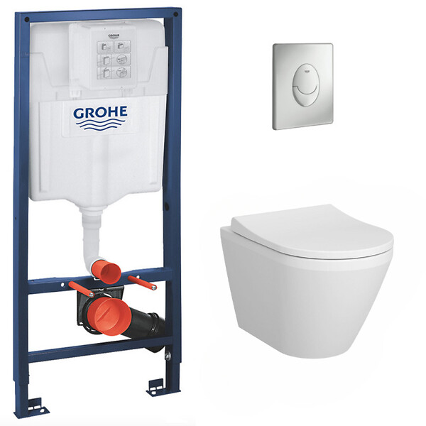 GROHE - Pack WC Bâti-support Rapid SL + WC Vitra Integra + Abattant softclose + Plaque Chrome mat (RapidSL-IntegraRimless-7) - large