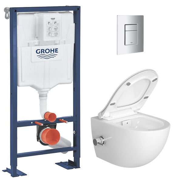 GROHE - Grohe Pack WC Bâti autoportant Solido + WC sans bride SAT fonction bidet thermostatique + Plaque chrome (AUTOPORTANT-SATCLEAN-1) - large