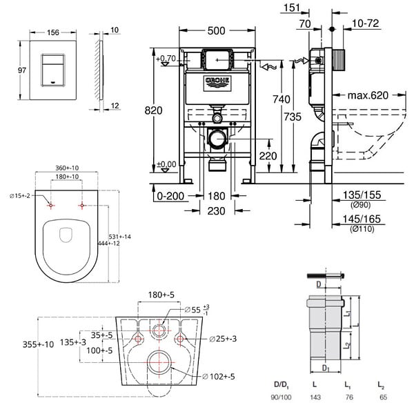 GROHE - Grohe Pack WC Bâti-support Rapid SL + WC sans bride SAT Brevis + Plaque Noir mat (RapidSL082-Brevis-KF0) - large