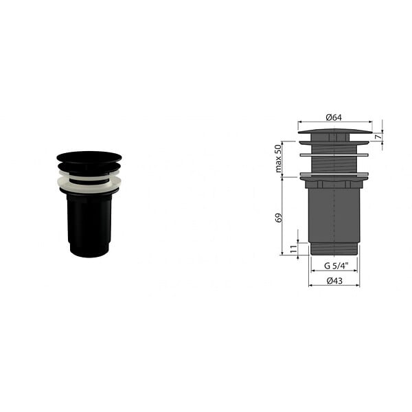ALCA - Alca Sortie lavabo 5/4 » tout métal, grand bouchon, pour lavabos sans débordement, noir mat (A396BLACK) - large