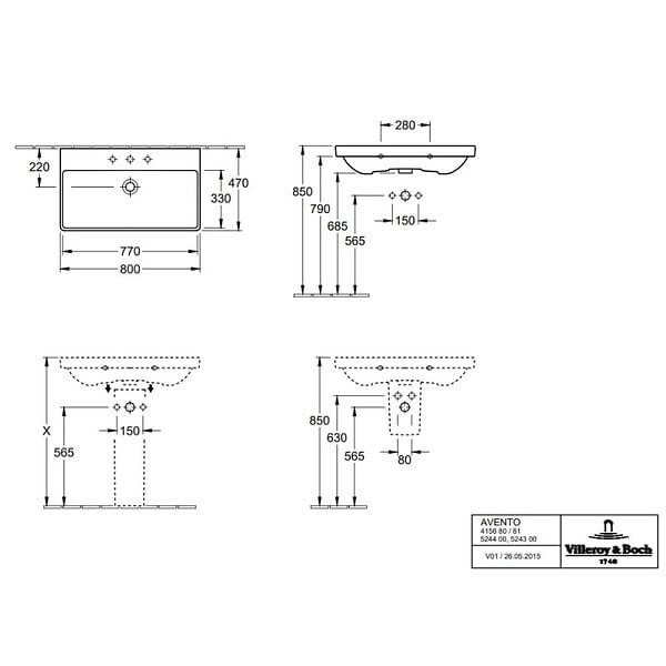 VILLEROY & BOCH - Villeroy & Boch Plan de toilette (Avento), 800 x 470 x 165 mm, Blanc, avec trop-plein (41568001) - large