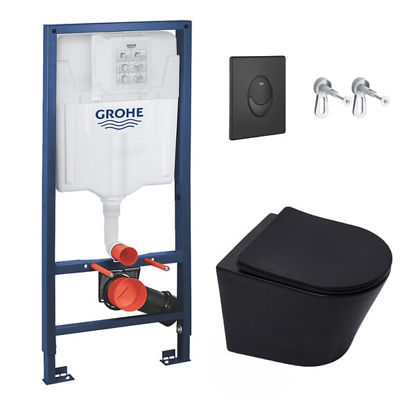 SWISS AQUA TECHNOLOGIES - Swiss Aqua Technologies Pack WC Bâti-support Rapid SL + WC Infinitio sans bride noir mat + Abattant softclose + Plaque noire mat - large