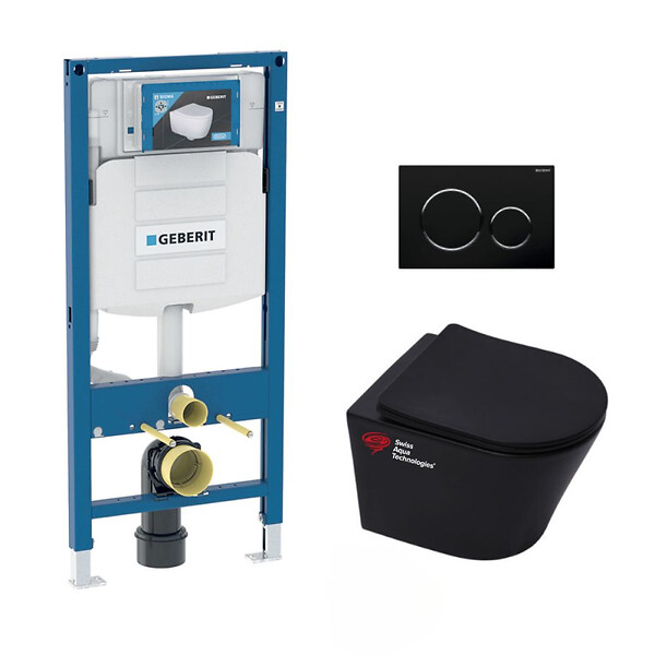 GEBERIT - Pack WC Bati Geberit + WC suspendu Swiss Aqua Technologies sans bride + abattant SoftClose + plaque noire (GebBlack - large